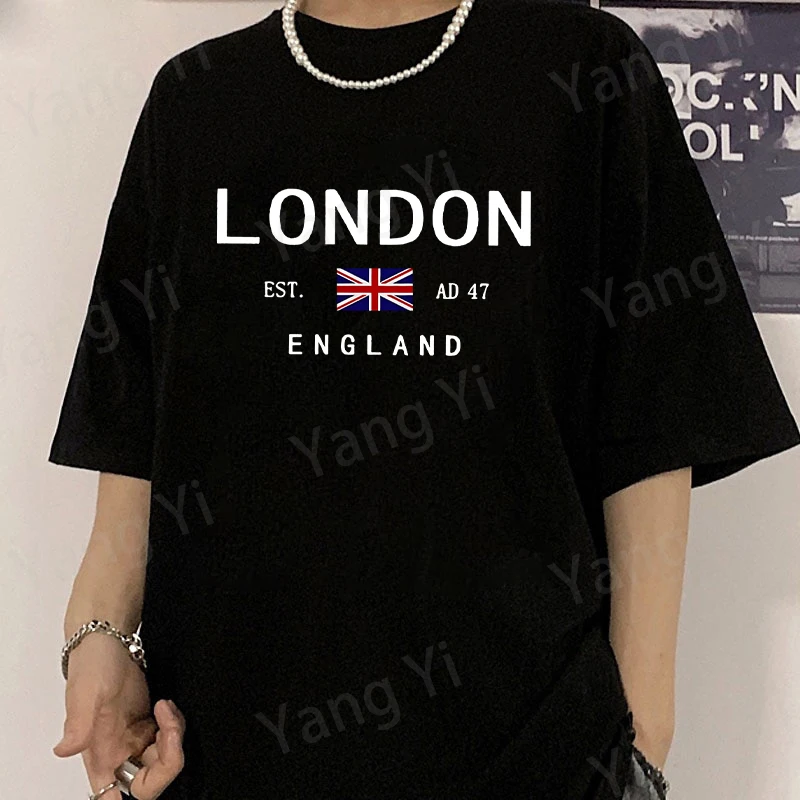 2026 Hot London England Letter Print T-shirt Summer Casual Cotton T Shirt Union Jack Women Men Harajuku Casual Breathable Shirts