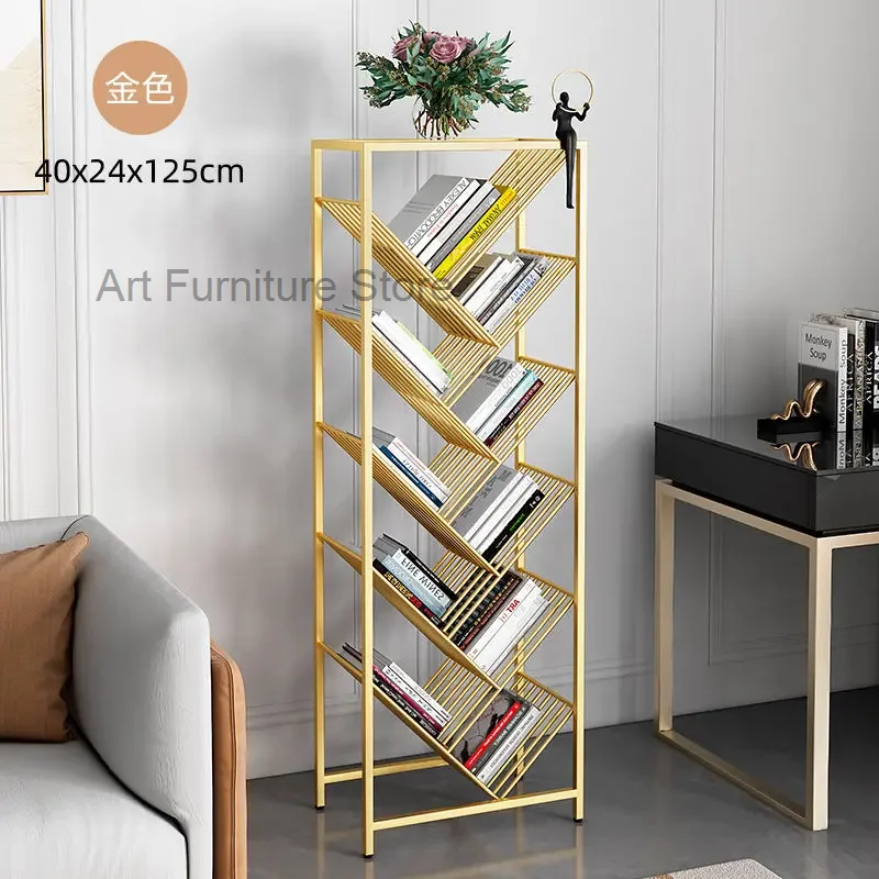 Gold Creative Bookcase Simple Metal Study Storage Furniture Kids Student Adult Multi-layer Bookshelf Iron Art Tree Shaped Rack