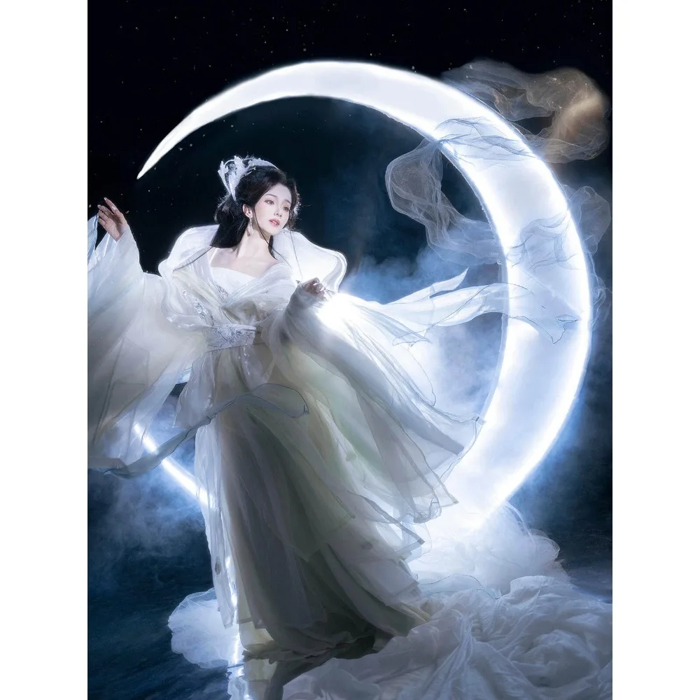 

Women's White Embroidered Hanfu: Warring States Robe, Linen Straight Skirt, Wide Sleeve, Moon Goddess Chang'e Autumn