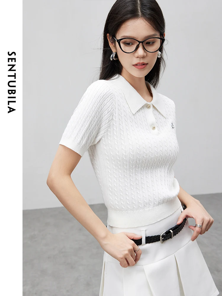 SENTUBILA Cotton 100% Letter ricamo pullover lavorati a maglia ritagliati 2024 Summer Simple Polo Collar top manica corta W42H55192