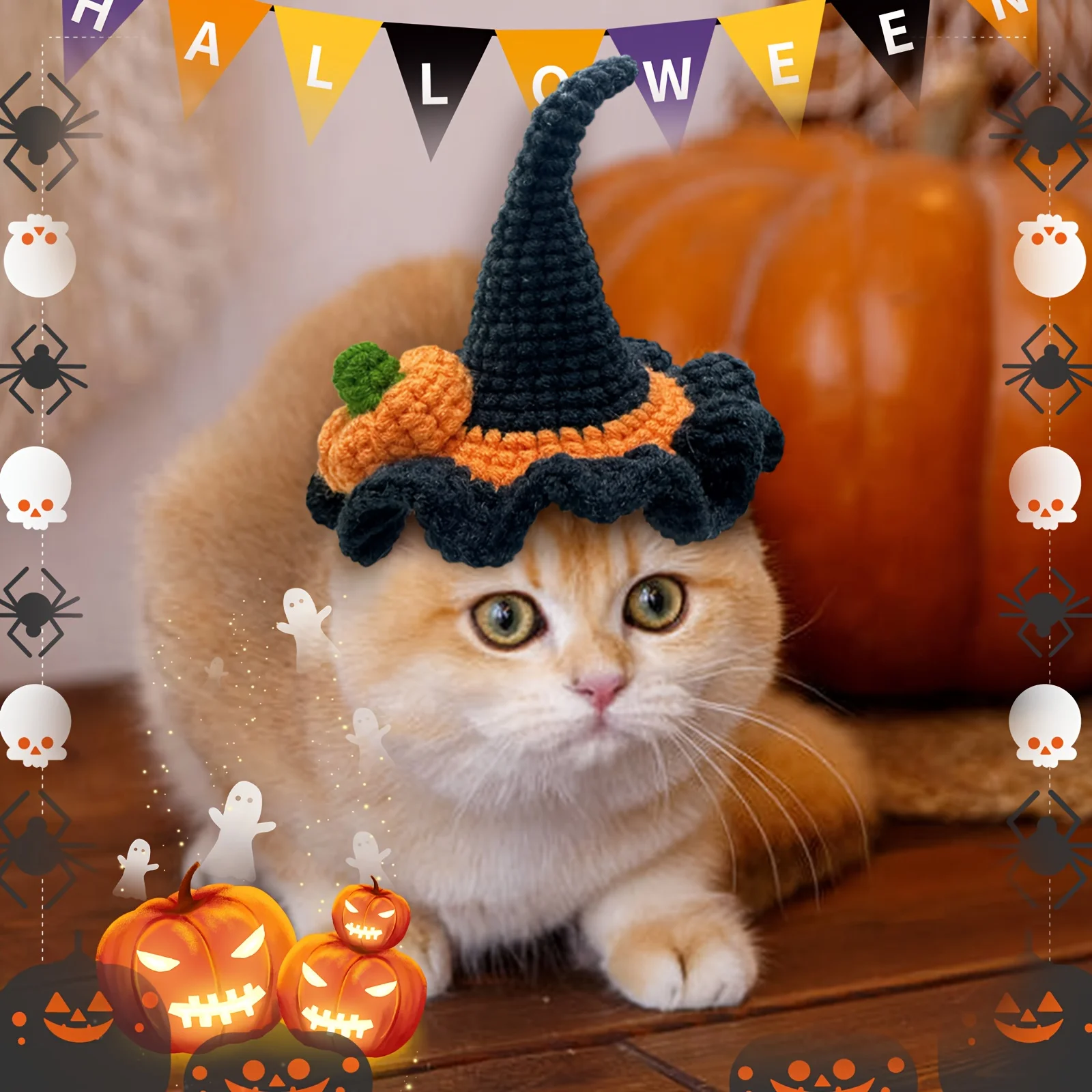 1pc Halloween Pumpkin Witch Hat Crochet Kit, Knitting Kit with Step-by-Step Video Tutorials, Enough Yarn, Hook