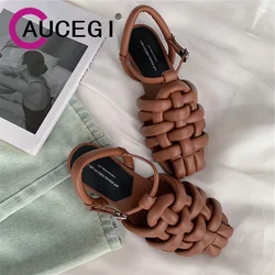 Aucegi New Summer Women Woven Slingbacks Sandals Quality Leather Square Toe Flats Heel Buckle Strap Handmade Dress Casual Shoes