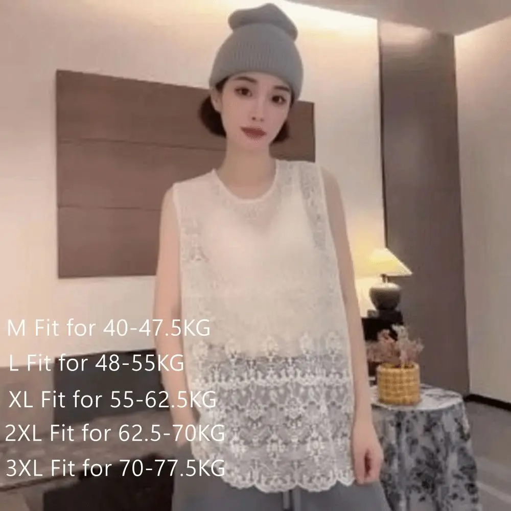 New Casual Sleeveless Lace Tank Top Floral Pattern Round Neck Lace Vest Soft Breathable Sheer Blouse