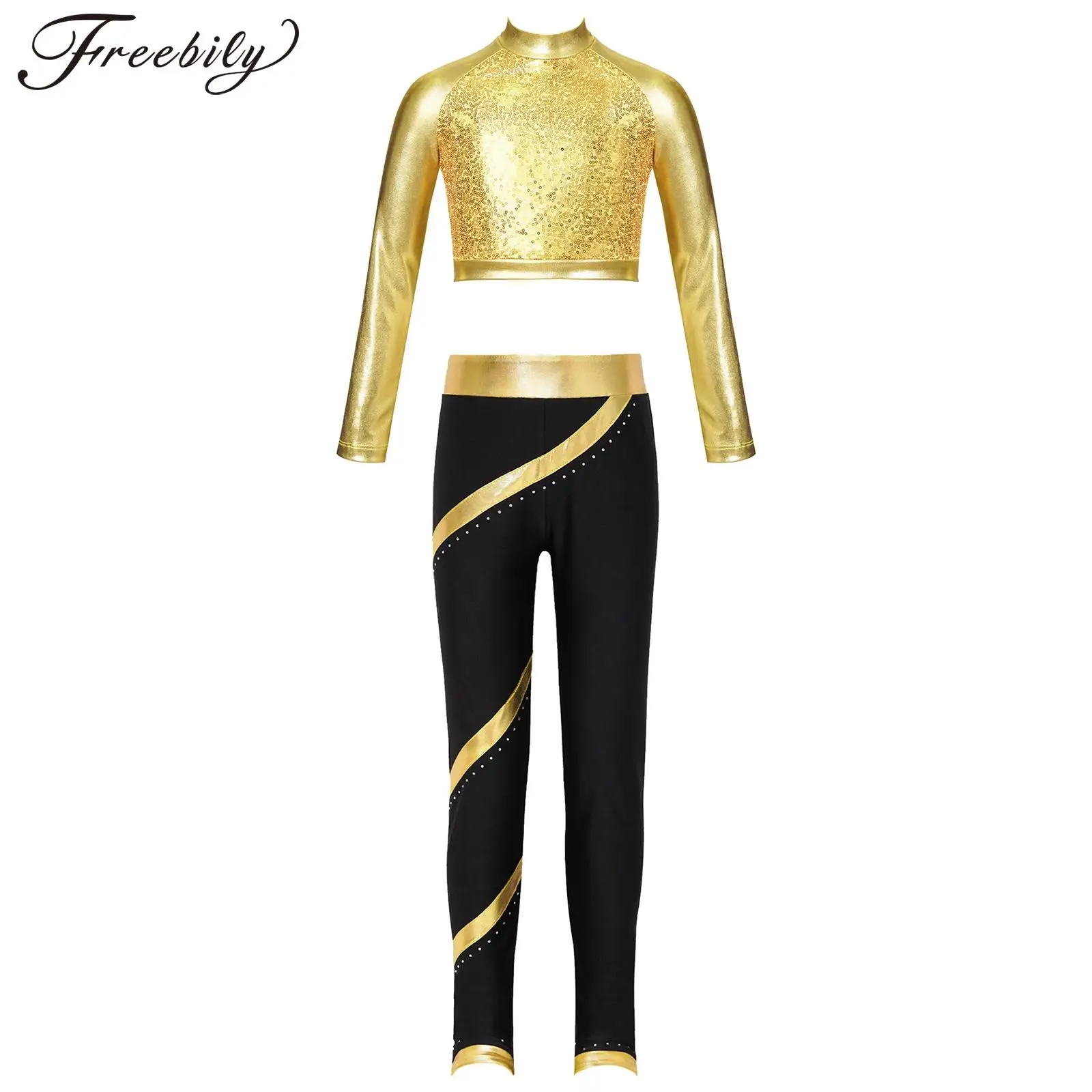 Kids Girls Shiny Metallic Rhythmic Gymnastics Leotard Sequin Jersey Crop Tops Leggings Pants Figure Skating Ballet Dance Costume