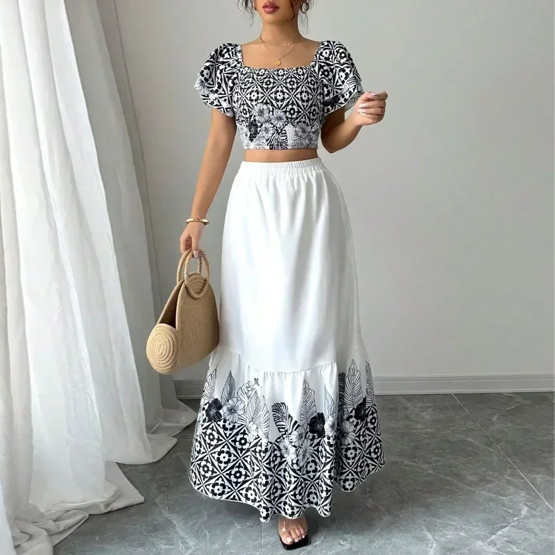 

Women Skirt Set 2025 Summer Short Sleeve Square Collar Skirts Set Elegant Print Elastic Waist A-LINE Skirts Set for Women Q279