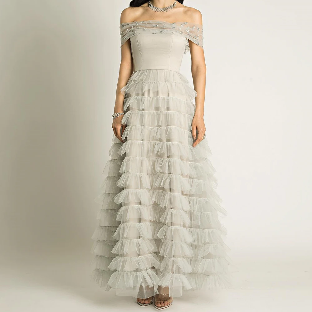 

Customized Exquisite Tulle A-Line Off the Shoulder Crystal and Tiered Evening Dress Boat Neck Floor Length Short Sleeves