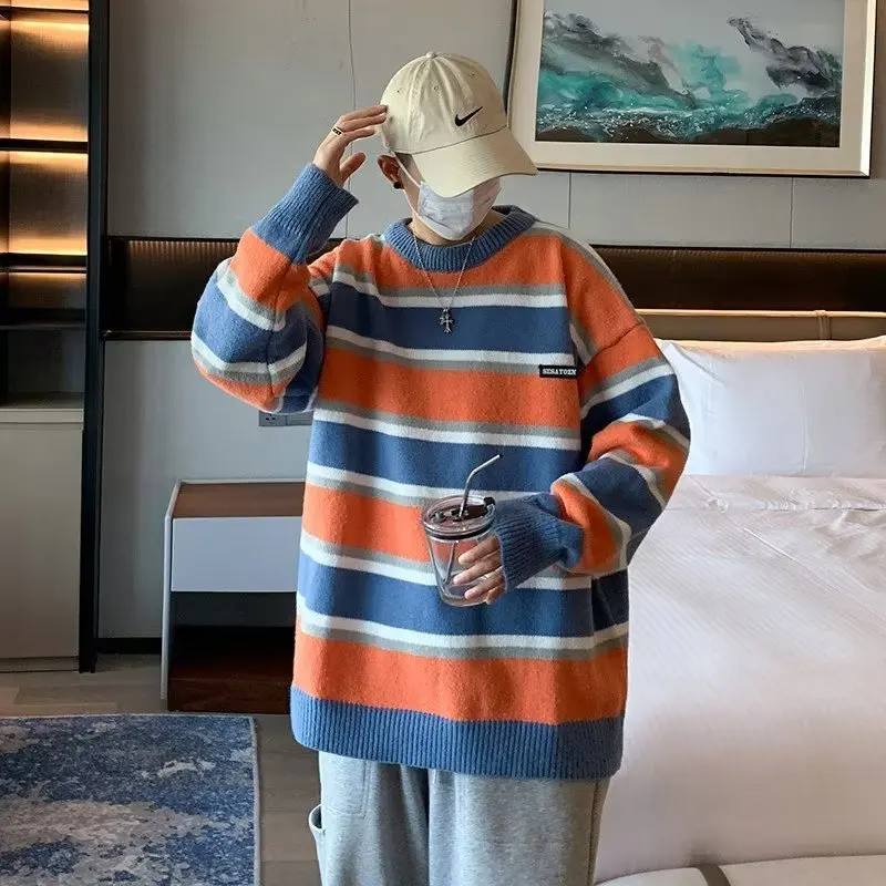 

Autumn Winter Large Size Striped Men's Long Sve Sweater Casual Loose Knitted irt Color Blo Hong Kong Sle Baseball Co...