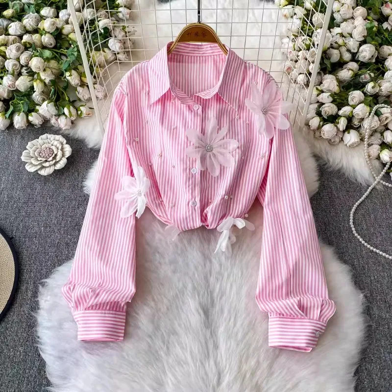 

SuperAen Korean Design Sweet Pearl Three-dimensional Flower Shirt Women's Summer Loose Striped Top
