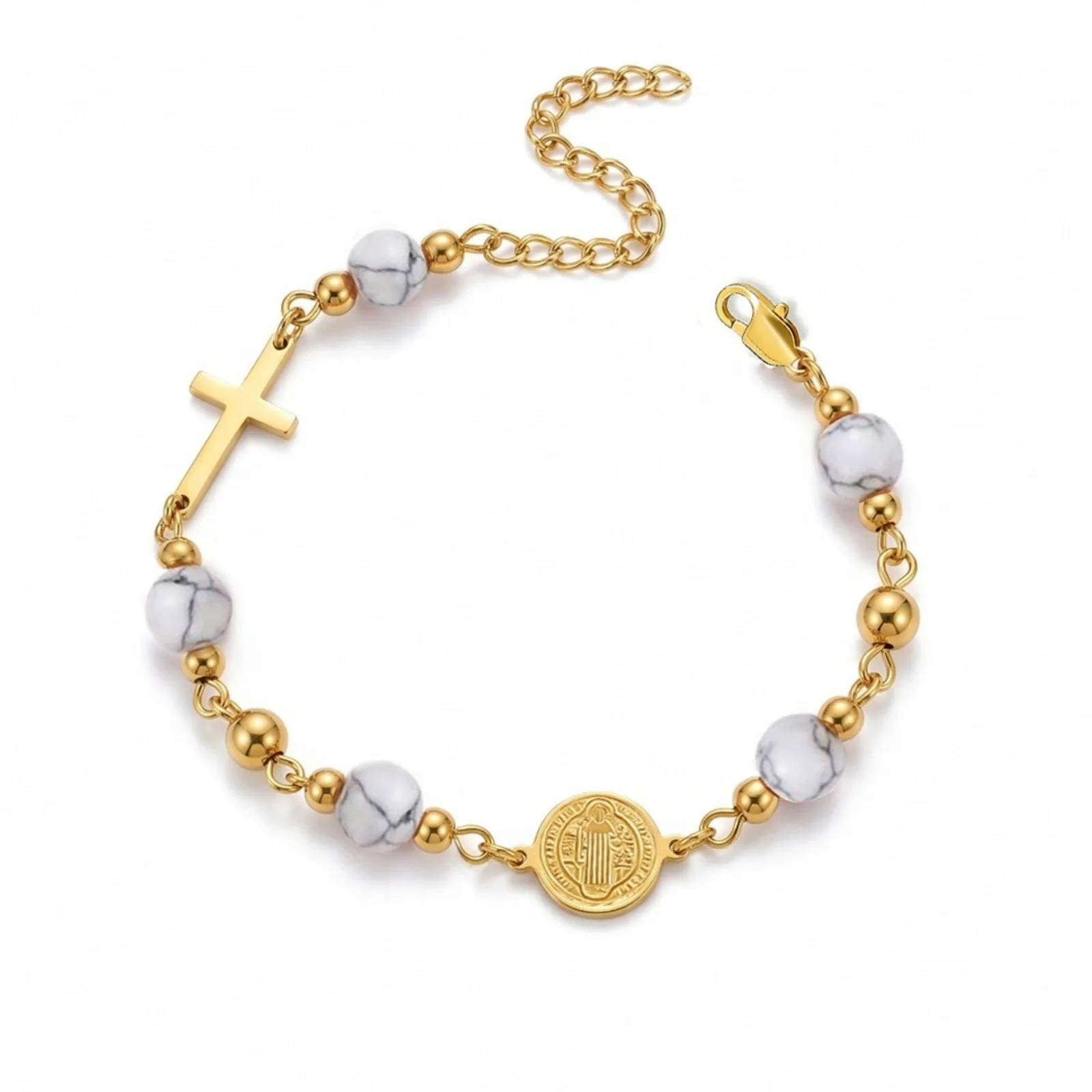 1 Stück religiöses mehrfarbiges Steinperlenarmband mit Kreuz-Jesus-Anhängern, 304 Edelstahl, 18K vergoldet, Geschenk für Frauen, Großhandel – Detail 5