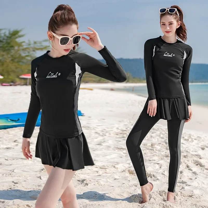 Two-Piece Rash Guards 4PCS Long Sleeve Rashguards Women Patchwork Swimwear Skirt Swimsuit Belly Control Protection Wetsuit