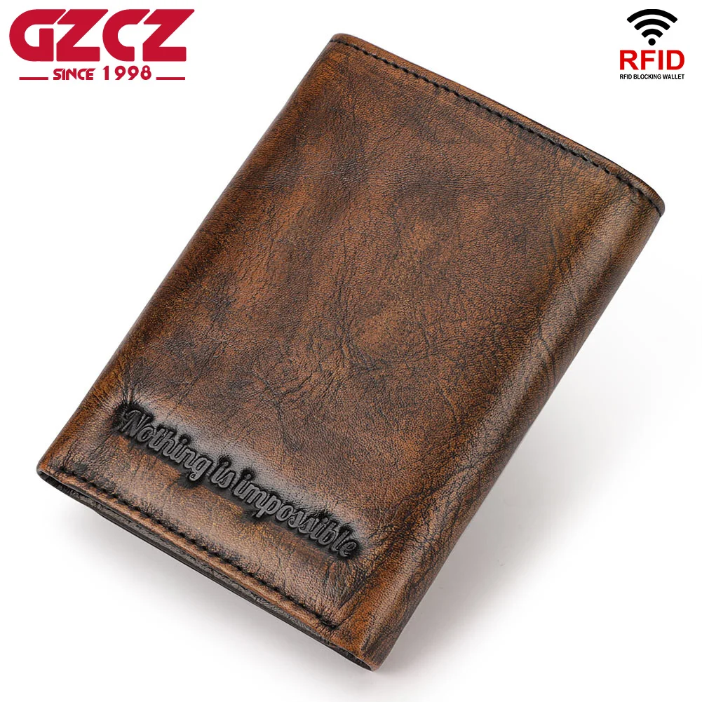 Durable Genuine Leather Wallet for Men Trifold Slim Credit Card Holder Purse with ID Window Fashion Male Front Pocket