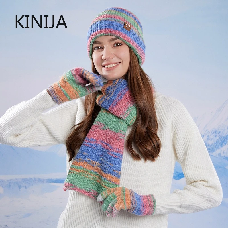 Winter Women GradientColor Knitted Hat Scarf Gloves Set Thickened Fleece Lining Skullcap Outdoor Cycling Wind Protection Beanies
