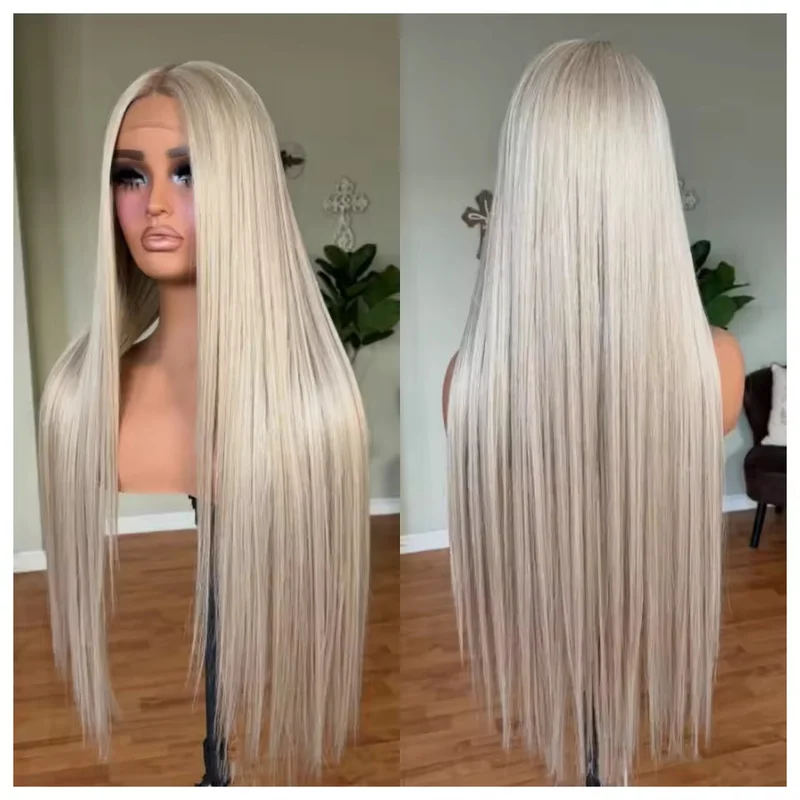 Ash Platinum Blonde Straight Blonde 100% Human Hair Lace Front Wigs Dark Roots