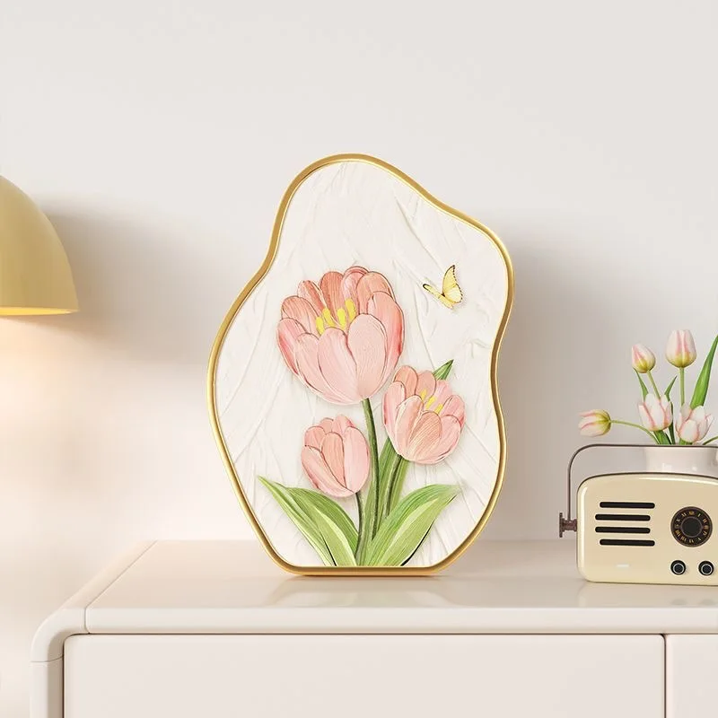 10inch Blue Pink Tulip Decor Painting Ornaments High-end Desktop Painting Tulip Atmosphere Layout Bedroom Cabinet Table Painting