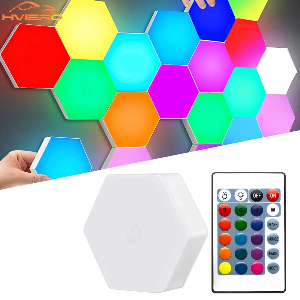 

Honeycomb Wall Lamp RGB LED Quantum Wireless Hexagon Touch Sensor Night Light indoor Bedroom Cabinet Decoration remote Control