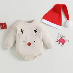 Christmas Newborn Baby Girl Boy Bodysuit Autumn Clothes Outfit Long Sleeve Elk Print Jumpsuit with Hat 2-piece Outfit Baby Items