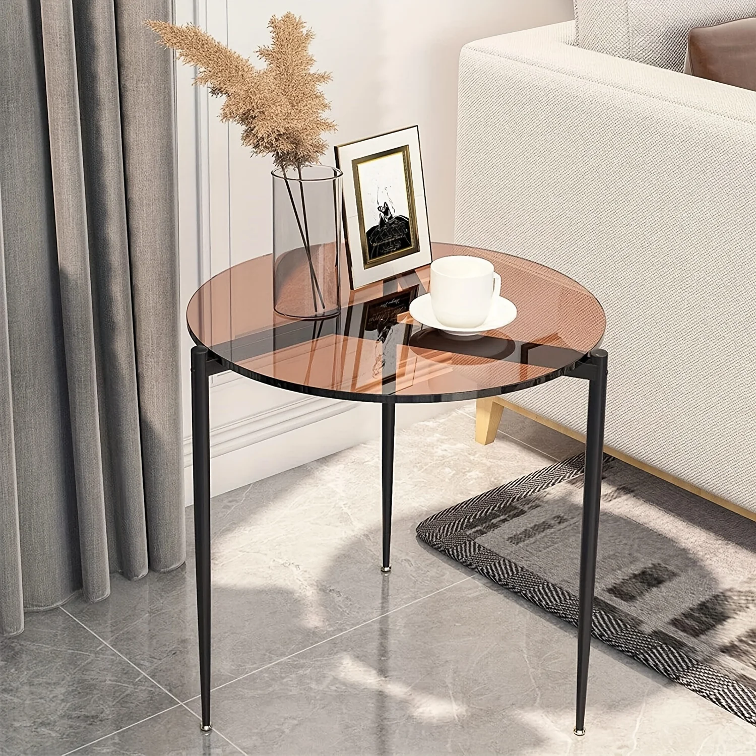 

Modern Round End Table with Tempered Glass Top & Black Metal Legs - Portable Accent Nightstand,Living Room, Bedroom