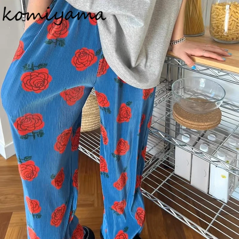 Spring 2025 New Floral Print Ropa Mujer High Elastic Waist Straight Pantalones Women Wide Leg Pants Loose Womens Clothes