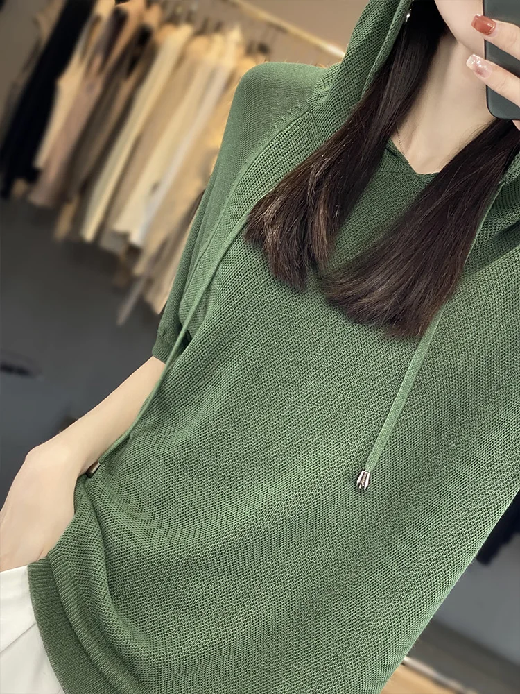 Women Tees Hooded Pullover Short Sleeved Ice Silk Top Breathability Comfort Thin Style Spring Summer Leisure Style Slimming Down