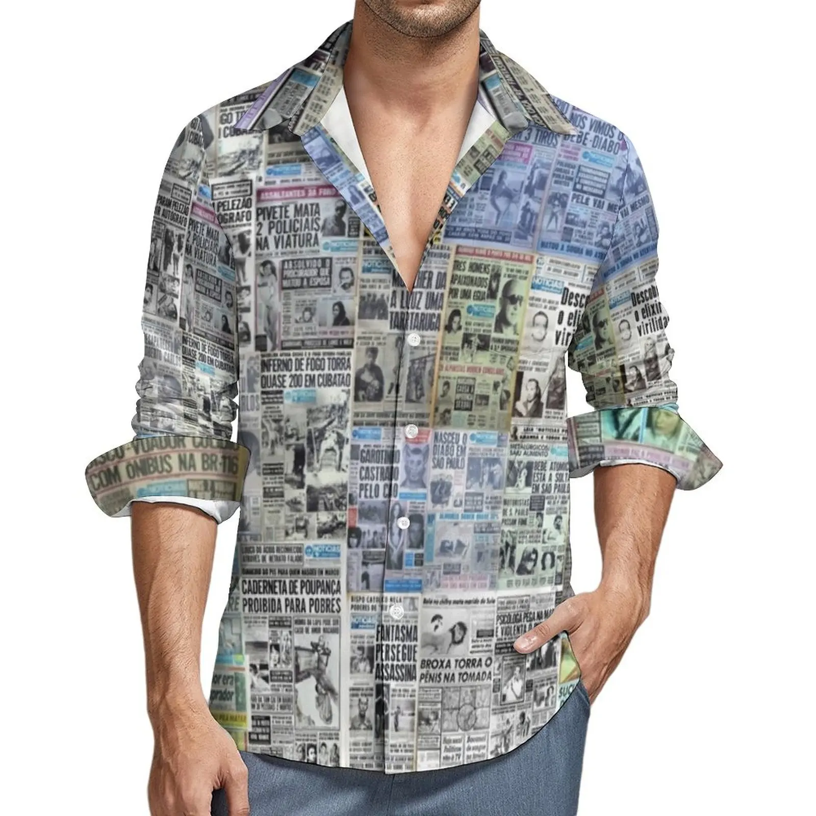 

Men Shirt Colorful Newspaper Casual Shirts Long Sleeve Retro Letter Print Breathable Blouse Autumn Trendy Design Oversize Tops