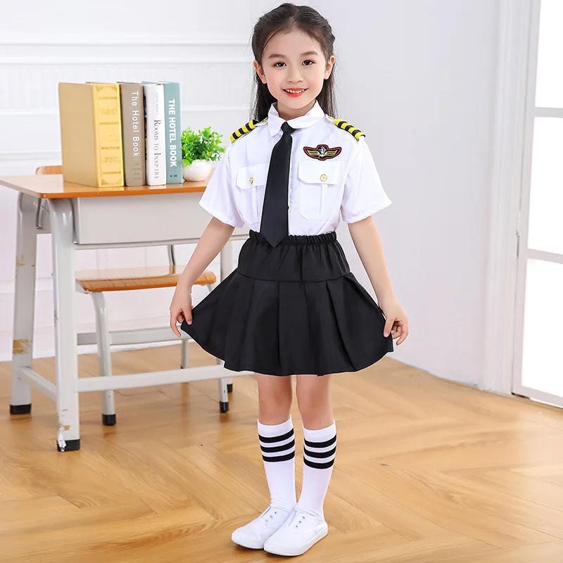 Kids Boys Girls Air Force Flight Attendants Uniform Cosplay Costumes Kindergarten Children\'s Day Pilots Performance Sets