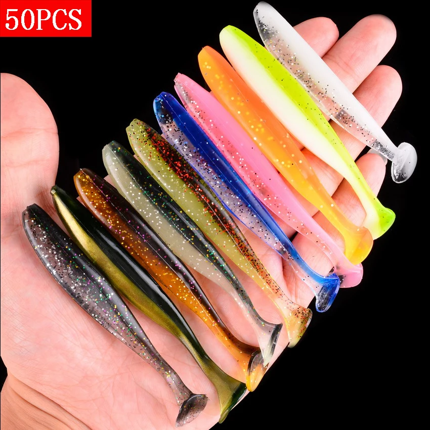 

50pcs Proleurre Shad Worm Soft Bait 70mm 2g Tail Jigging Wobblers Fishing Lure Tackle Bass Pike Aritificial Silicone Swimbait