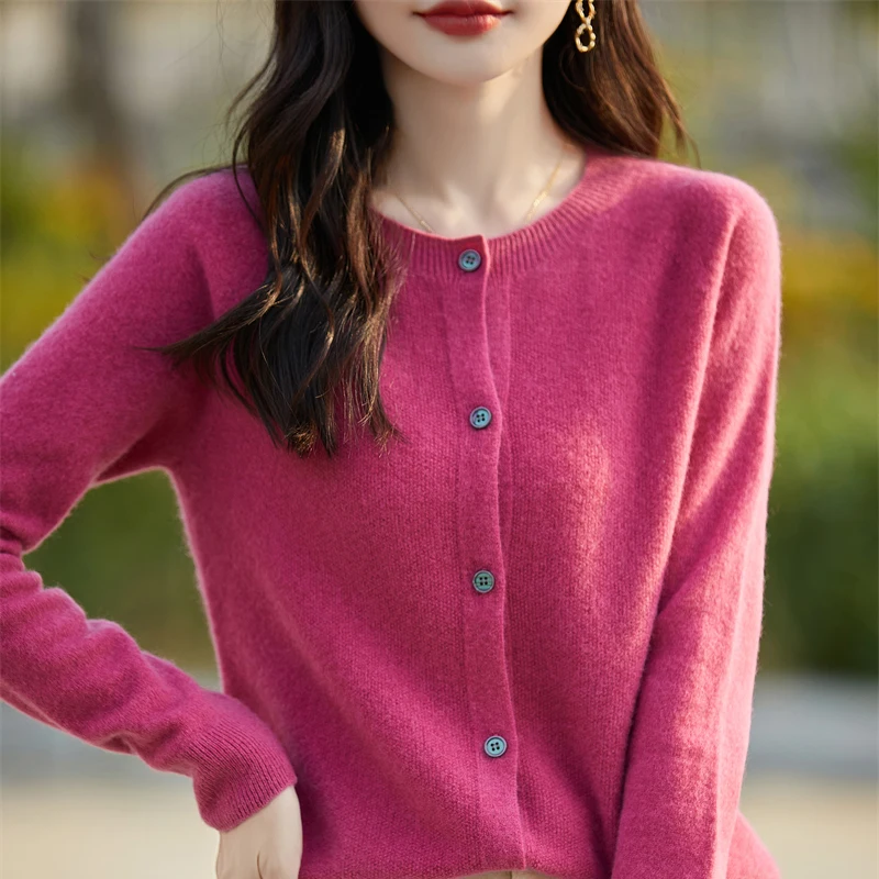 2024 Autumn Winter Knitted Round Neck Cardigan Women\'s Wool Sweater Women\'s 100% Wool Korean Version Loose Top Cashmere Jacket