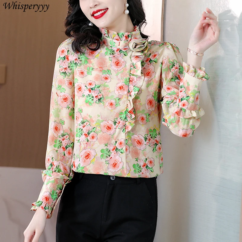 Spring New Retro Rose Shirt Women Temperament Floral Stand-up Collar Shirt Femme Blusas De Chifon Elegantes Long-sleeved Tops