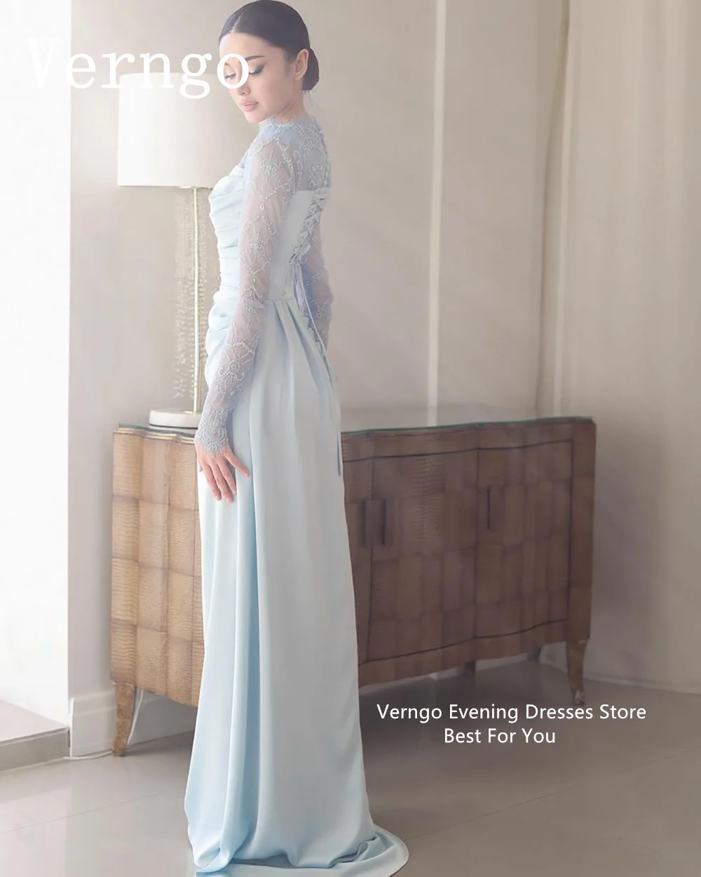 Verngo Light Blue Crepe Prom Gown High Neck Full Sleeves Party Dress For Women Lace Formal Occasion Dress