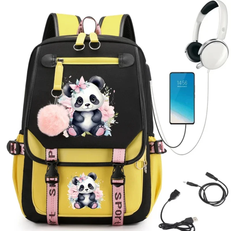 Floral Panda Print School Backpack Bag for Teenager Girls Cartoon School Bag Anime Students Usb Bookbag Animals Manga Bagpacks