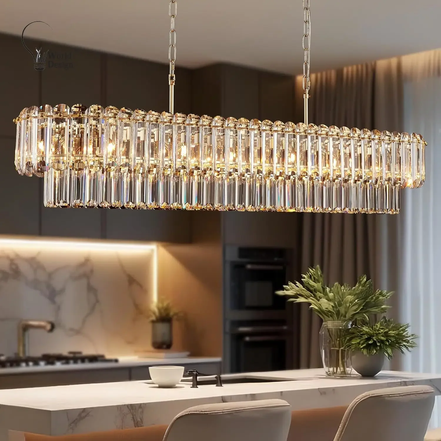 الذهب الثريات البلورية/ النجف الكريستالي طاولة الطعام ضوء كبير مستطيل فاخر قلادة تركيب المصابيح لغرفة المعيشة مدخل جزيرة المطبخ