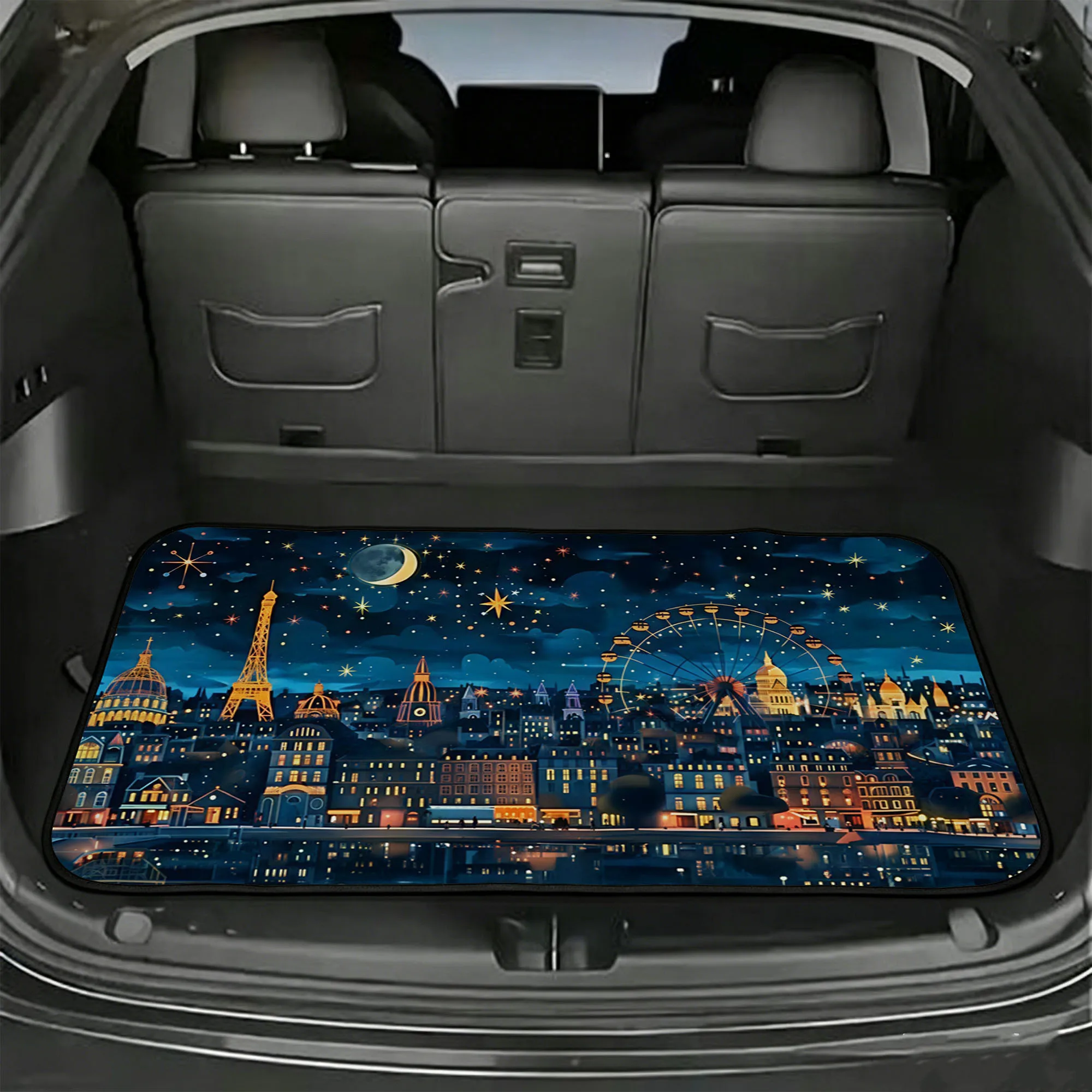 1pc Car Trunk Mat, 2D Flat, Fantasy Night Cityscape Blue Car Trunk Mat,, For Sedans, Trucks, And SUVs, All-Season, 2D Flat Print