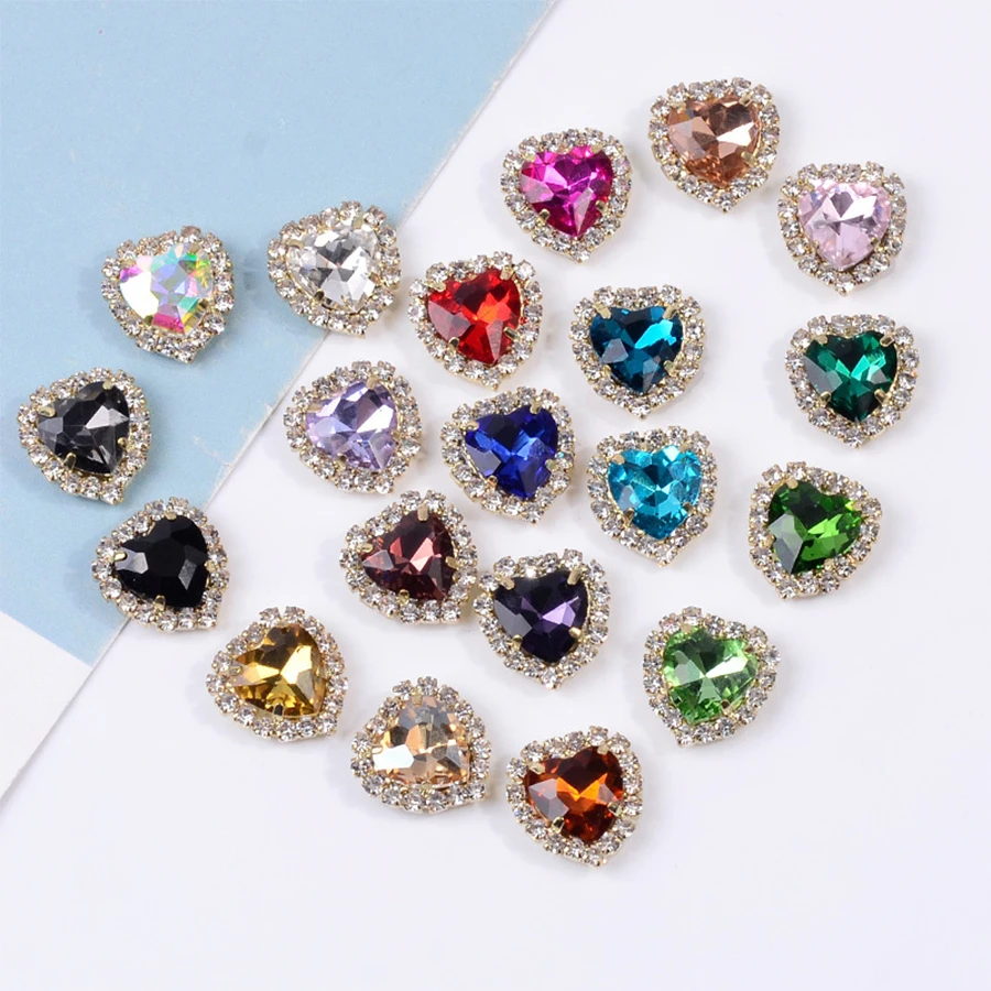10PCS Heart Shaped Flatback Rhinestones Button Crystals Glass Jewelry Making Sewing On With Silver Bottom Stones For Clothes Diy