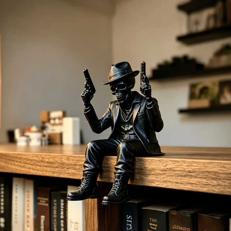 Vintage Noir Skeleton Gunner Sitting Posture Gangster Cool Figurines with Fedora Pistols Gothic Desk Shelf Ornaments Decor Gifts
