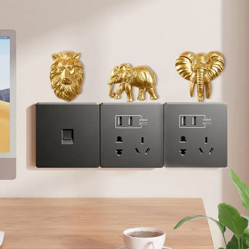 Lion Elephant Leopard Light Switch Decoration Resin Figurine Self-Adhesive Detachable Wall Sticker Switch Ornament Home Decor