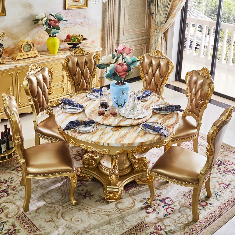 

European marble dining table and chair combination round gold all solid wood dining table hotel with turntable