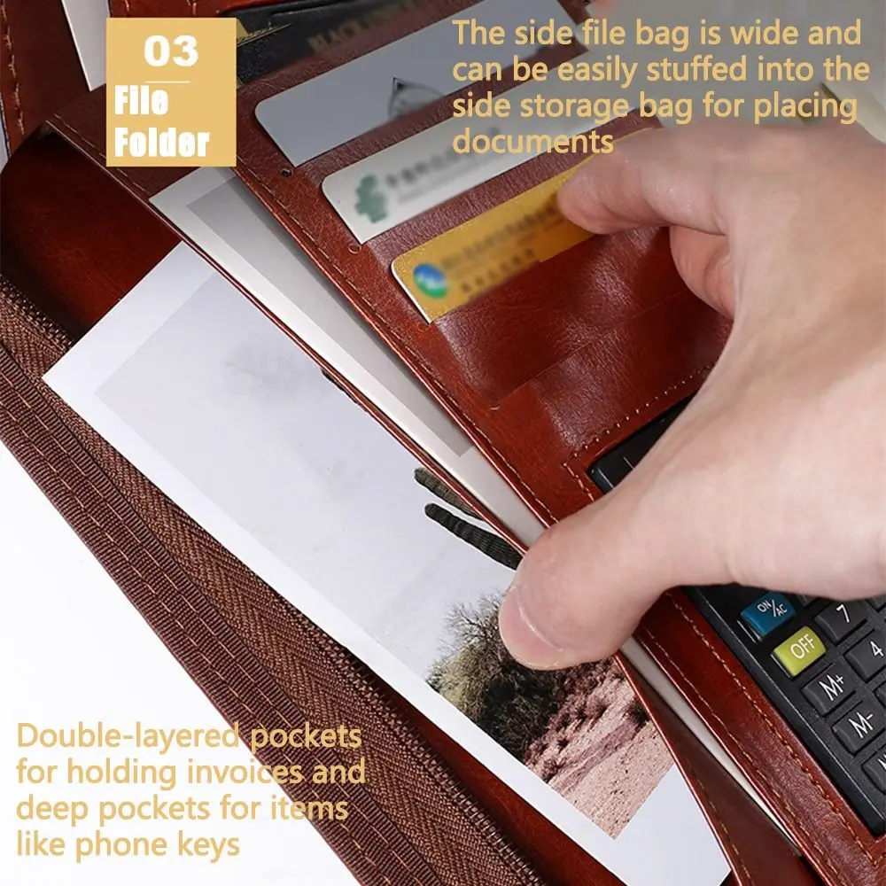Portable File Folder 6-Ring Card Holder Work Record Book PU Leather with Calculator Portfolio Binder Office Supplies