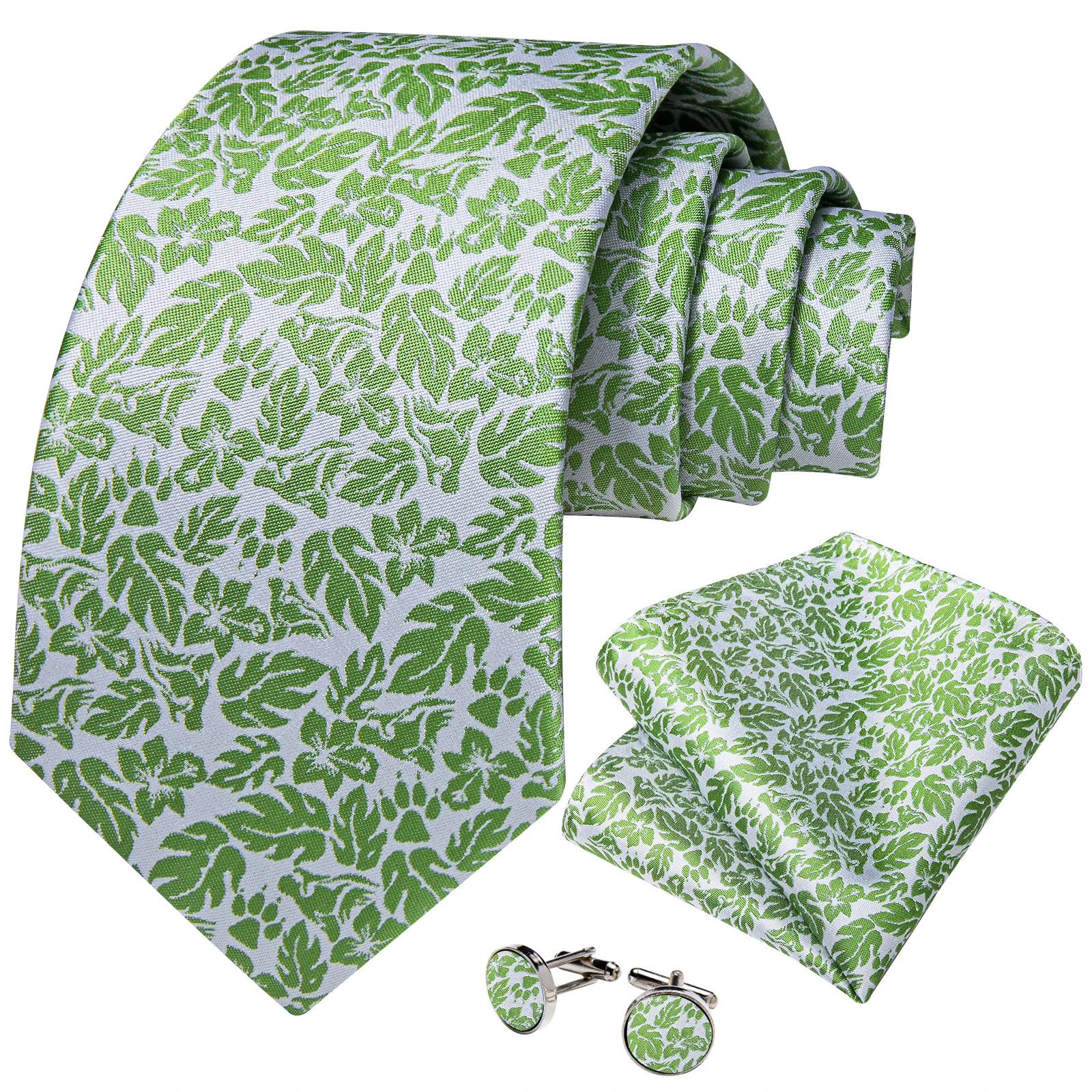 2023 New Fashion Light Green Floral Solid Silk Ties for Men Wedding Party Business Suits Accessories 8cm Tie Pocket Square Gift