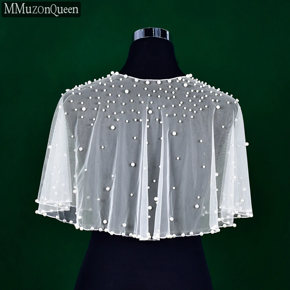 MMQ MG39 Pearls Wedding Shawl Bridal Dress Tulle Cape Beaded Jacket Woman Cape Bride Bolero Wedding Accessories DIY Customizable