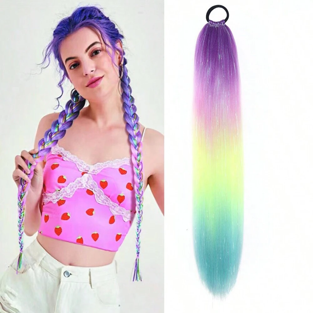 

Sparkle Colorful Ponytail Hair 26Inches Extensions With Elastic Hair Bands Gradient Color Braiding Festival Carnival Hair Color