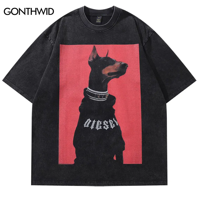 Vintage Oversized T-Shirt Doberman Dog Graphic Print Washed Tshirt Streewear 2024 Hip Hop Harajuku Punk Gothic Loose Tops Black