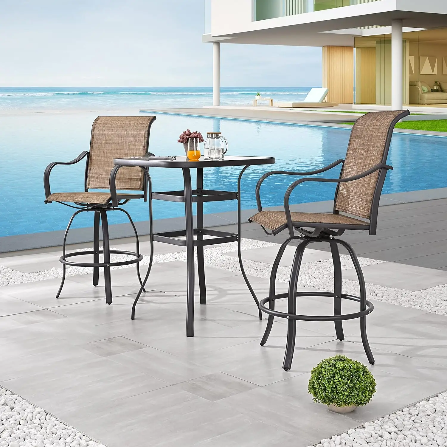 

Patio Bar High Swivel Stools 2 Tall 1 Height Outdoor Bistro Table, 3 Pcs Chair Set, Khaki