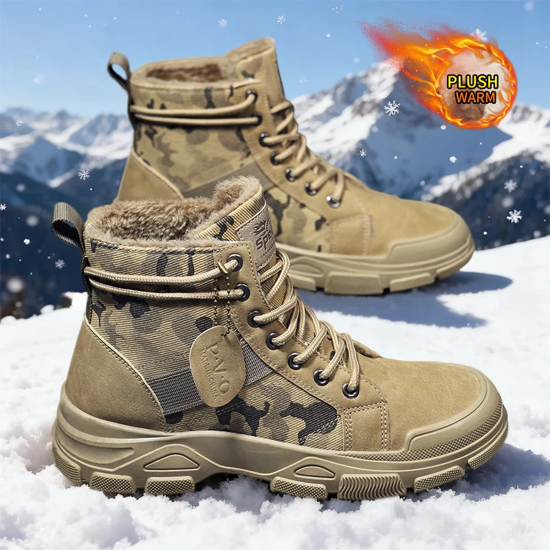 Men's Winter Camouflage Combat Boots Fur Lined Warm High Top Tactical Work Boots Outdoor Hiking Shoes