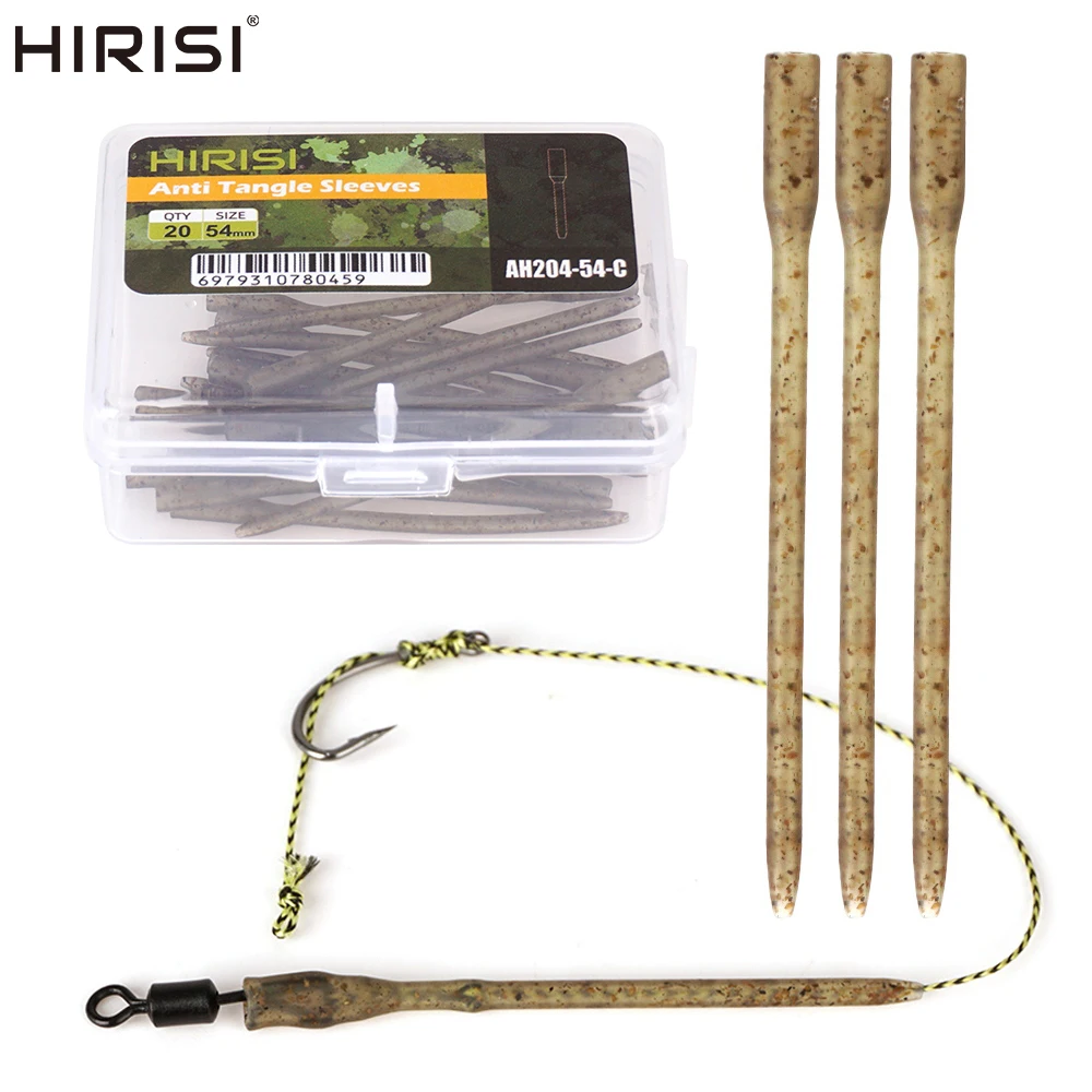 Hirisi AH204 20 Stück Karpfenangel-Anti-Tangle-Sleeves 54mm Tarnbraun Gummi-Hakenleinen-Sleeves für Ronnie Rig Karpfen-Endausrüstung
