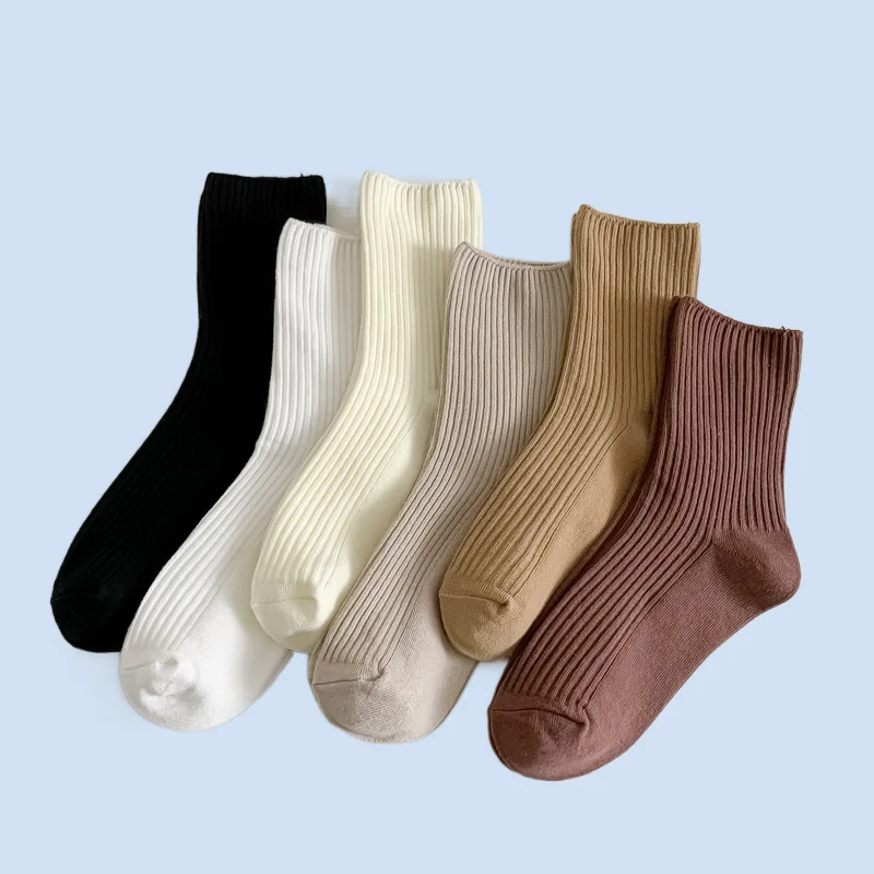 

6/12 Pairs Dudu Socks Solid Color All-match Simple Khaki Color Double Needle Vertical Striped Cotton Middle Tube Socks