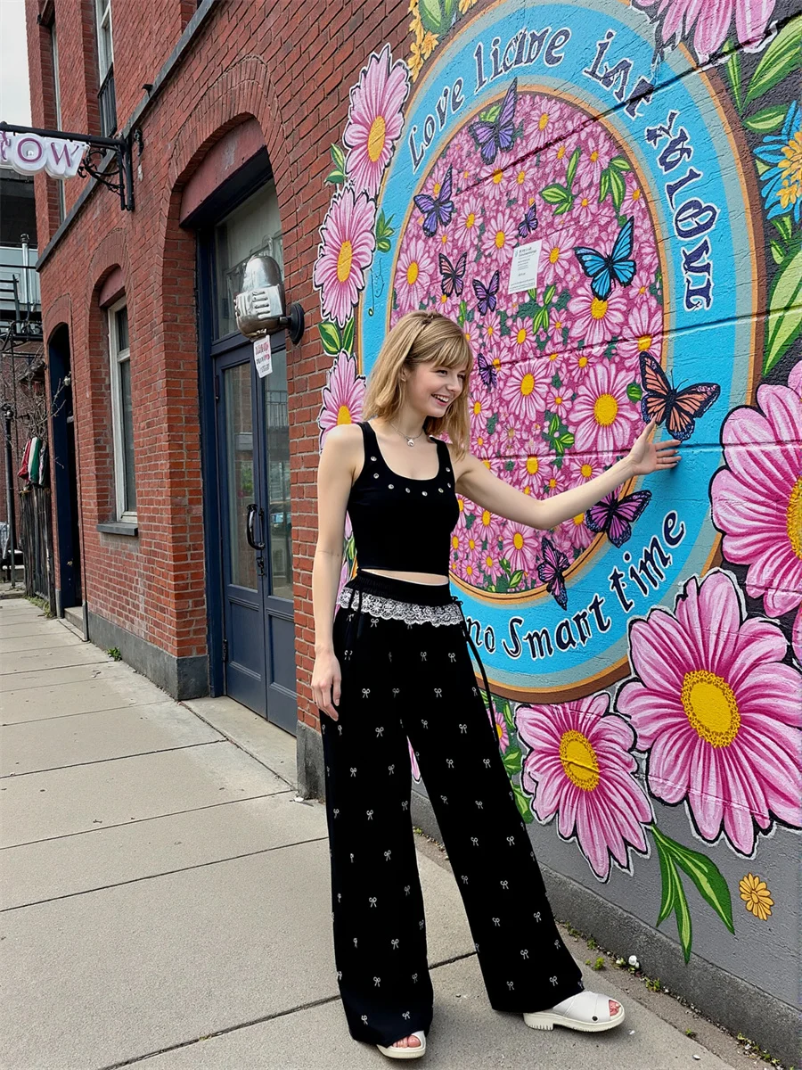 Pantaloni palazzo da donna con lacci larghi autunno orlo arricciato donna femminile chic moda a vita alta gamba dritta elegante casual unico