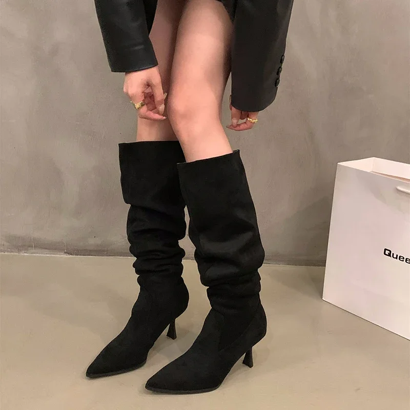 Sexy High Heel Women Knee High Boots Fashion Pleated Slip On Shoes Autumn Winter Ladies Knight Long Booties