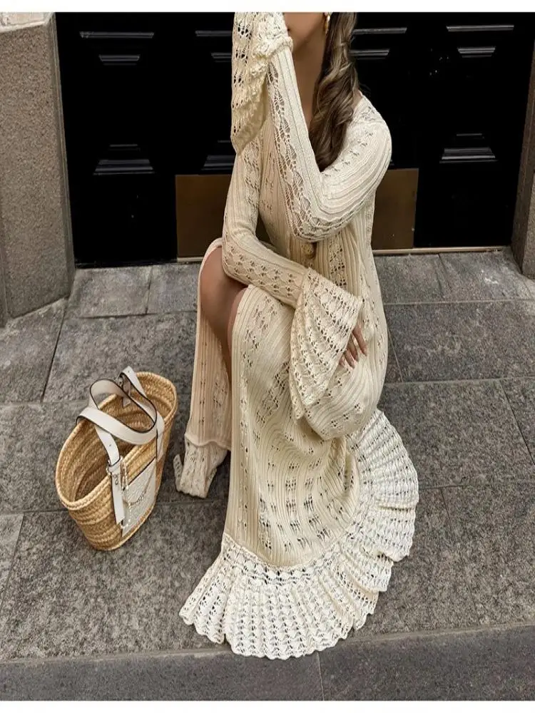 Cardigan all'uncinetto con maniche svasate scavate Boho Chic da donna, vestibilità lunga e ampia, da spiaggia, giacca leggera aperta sul davanti