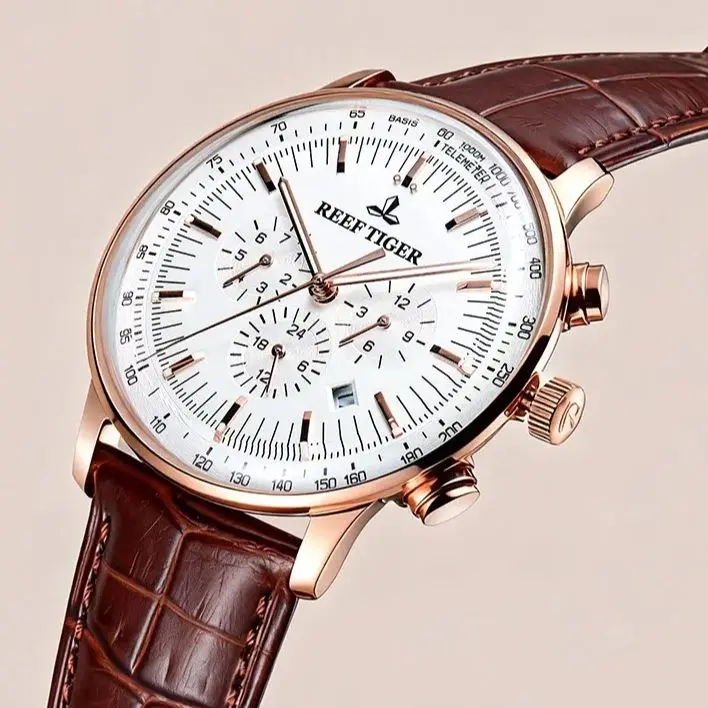 

Мужские автоматические часы Reef Tiger, 42 мм, механические наручные часы, водонепроницаемые до 50 м, с люминесцентным сапфировым стеклом, многофункциональный циферблат, отображение месяца, дня недели, даты, 24-часовой формат