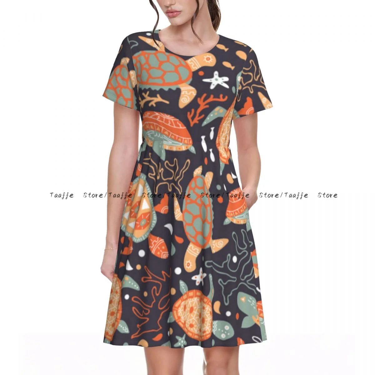 

Elegant Women Dress Turtles And Sea Plants Corals Fishes Turn-down Collar Short Sleeve Body-Shaping Street Robe